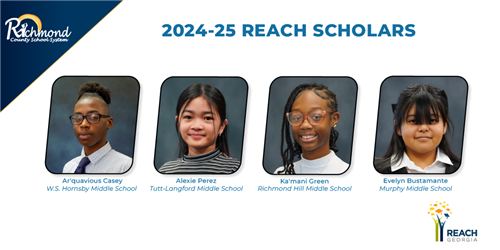 graphic of four students with the title "2024-2025 Reach Scholars", the REACH Georgia logo and the RCSS logo. 